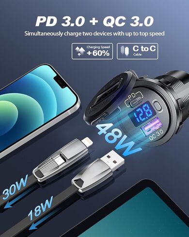 مقبس شاحن سيارة USB C، 48 وات مزدوج PD USB C شحن سريع 3.0 USB مخرج طاقة السيارة 12 فولت/24 فولت مع الفولتميتر LED ومفتاح تشغيل/إيقاف للسيارة والقارب والدراجات النارية والشاحنات وRV in Kuwait