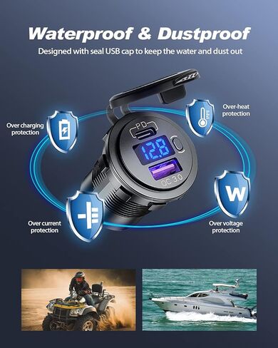 مقبس شاحن سيارة USB C، 48 وات مزدوج PD USB C شحن سريع 3.0 USB مخرج طاقة السيارة 12 فولت/24 فولت مع الفولتميتر LED ومفتاح تشغيل/إيقاف للسيارة والقارب والدراجات النارية والشاحنات وRV in Kuwait