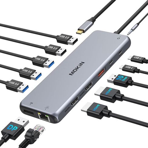 محطة إرساء USB C 3 شاشات USB C Hub للكمبيوتر المحمول ثنائي الشاشات محول متعدد المنافذ، USB C إلى 2 HDMI، DisplayPort، شحن PD، إيثرنت، 7 منافذ USB C/A 3.1/3.0/2.0، صوت لـ Dell/HP/Lenovo in Kuwait
