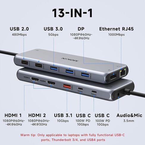 محطة إرساء USB C 3 شاشات USB C Hub للكمبيوتر المحمول ثنائي الشاشات محول متعدد المنافذ، USB C إلى 2 HDMI، DisplayPort، شحن PD، إيثرنت، 7 منافذ USB C/A 3.1/3.0/2.0، صوت لـ Dell/HP/Lenovo in Kuwait