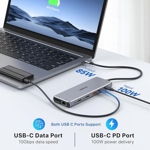 محطة إرساء USB C 3 شاشات USB C Hub للكمبيوتر المحمول ثنائي الشاشات محول متعدد المنافذ، USB C إلى 2 HDMI، DisplayPort، شحن PD، إيثرنت، 7 منافذ USB C/A 3.1/3.0/2.0، صوت لـ Dell/HP/Lenovo in Kuwait
