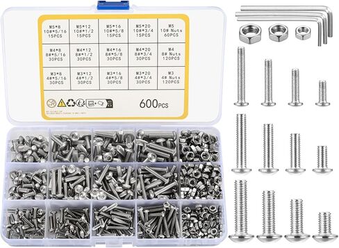 600 قطعة مجموعة متنوعة من البراغي والصواميل ذات الرأس السداسي برأس زر، 4 # 8 # 10 #، مجموعة صواميل ومسامير الماكينة، مع مفاتيح ألين in Kuwait