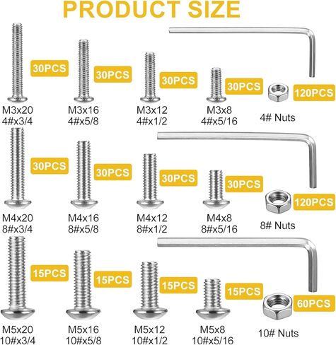 600 قطعة مجموعة متنوعة من البراغي والصواميل ذات الرأس السداسي برأس زر، 4 # 8 # 10 #، مجموعة صواميل ومسامير الماكينة، مع مفاتيح ألين in Kuwait
