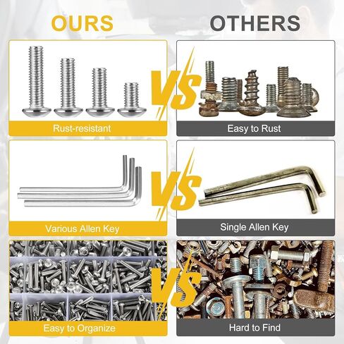 600 قطعة مجموعة متنوعة من البراغي والصواميل ذات الرأس السداسي برأس زر، 4 # 8 # 10 #، مجموعة صواميل ومسامير الماكينة، مع مفاتيح ألين in Kuwait