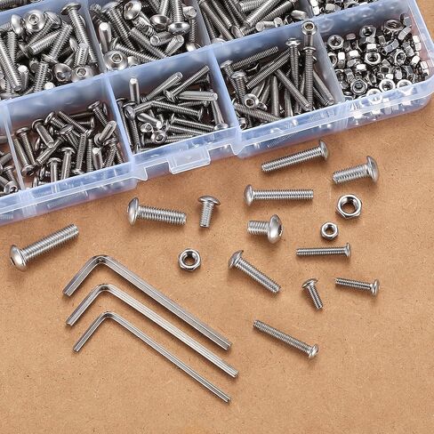 600 قطعة مجموعة متنوعة من البراغي والصواميل ذات الرأس السداسي برأس زر، 4 # 8 # 10 #، مجموعة صواميل ومسامير الماكينة، مع مفاتيح ألين in Kuwait