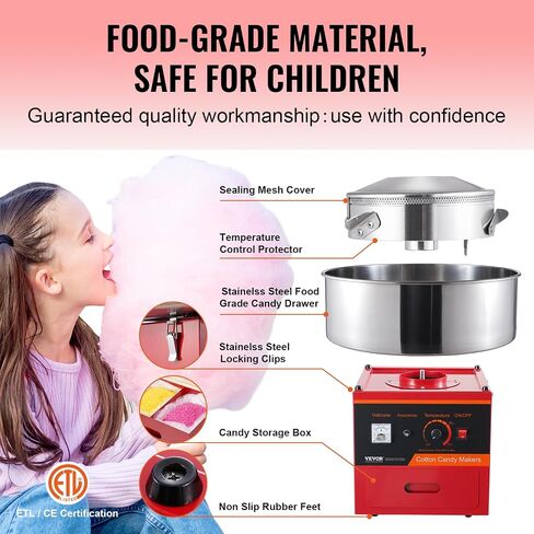 VEVOR Electric Cotton Candy Machine, 1000W Commercial Floss Maker w/Stainless Steel Bowl, Sugar Scoop and Drawer, Perfect for Home, Carnival, Kids Birthday, Family Party, Red in Saudi Arabia