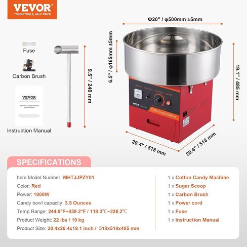 VEVOR Electric Cotton Candy Machine, 1000W Commercial Floss Maker w/Stainless Steel Bowl, Sugar Scoop and Drawer, Perfect for Home, Carnival, Kids Birthday, Family Party, Red in Saudi Arabia