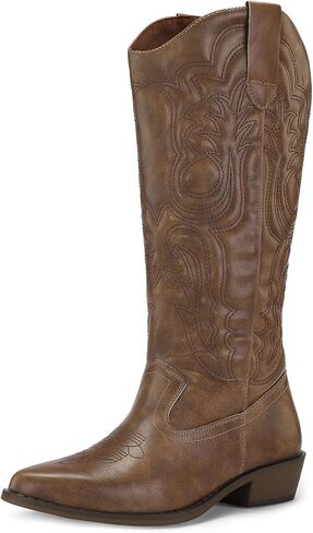 mysoft Women's Cowboy Boots Mid Calf Cowgirl Boots Embroidered Western Pointed Toe Chunky Heel Pull On Knee High Boots in Saudi Arabia