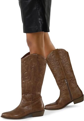 mysoft Women's Cowboy Boots Mid Calf Cowgirl Boots Embroidered Western Pointed Toe Chunky Heel Pull On Knee High Boots in Saudi Arabia