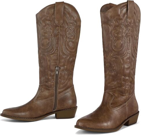 mysoft Women's Cowboy Boots Mid Calf Cowgirl Boots Embroidered Western Pointed Toe Chunky Heel Pull On Knee High Boots in Saudi Arabia