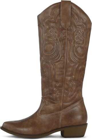 mysoft Women's Cowboy Boots Mid Calf Cowgirl Boots Embroidered Western Pointed Toe Chunky Heel Pull On Knee High Boots in Saudi Arabia