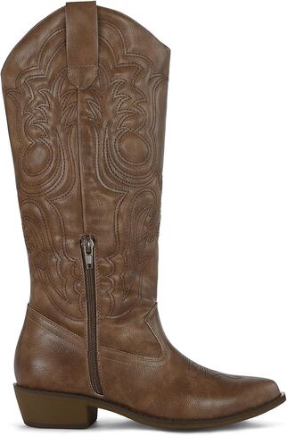 mysoft Women's Cowboy Boots Mid Calf Cowgirl Boots Embroidered Western Pointed Toe Chunky Heel Pull On Knee High Boots in Saudi Arabia