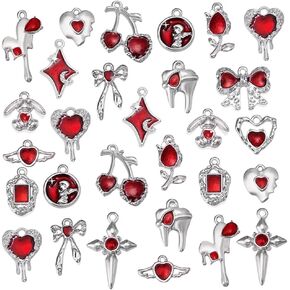 PH PandaHall 30Pcs Enamel Gothic Charms Pendants, 15 Styles Cross Heart Bowknot Metal Pendant Gothic Style Alloy Enamel Dangle Charm Red Rhinestone Charms for DIY Craft Necklace Jewelry Making in Saudi Arabia