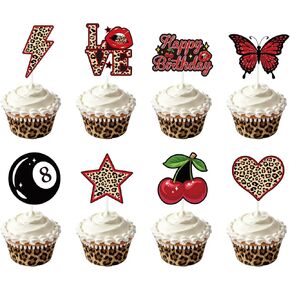 Cheetah Print Birthday Decorations - 48 Pcs Red Cheetah Cherry Cupcake Toppers Set Decorations, Leopard Cherry Dessert Decor for Birthday Party Bachelorette Wedding in Saudi Arabia