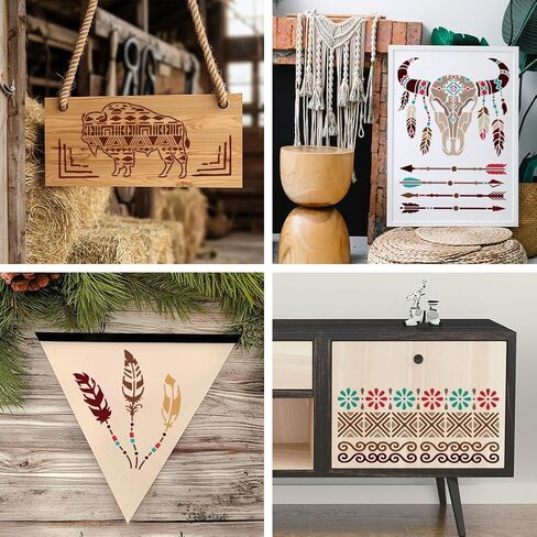 MAYJOYDIY 10 قطع من استنسل الأزتيك القبلي الهندي مقاس 11.8 × 11.8/11.7 × 8.3 بوصة قالب رسم جمجمة بقرة على الحدود الجنوبية الغربية مع فرشاة طلاء للحرف اليدوية على نافذة خشبية لتزيين جدران المنزل in Kuwait