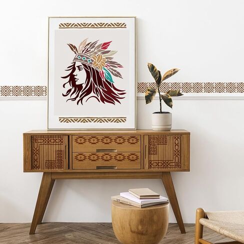 MAYJOYDIY 10 قطع من استنسل الأزتيك القبلي الهندي مقاس 11.8 × 11.8/11.7 × 8.3 بوصة قالب رسم جمجمة بقرة على الحدود الجنوبية الغربية مع فرشاة طلاء للحرف اليدوية على نافذة خشبية لتزيين جدران المنزل in Kuwait
