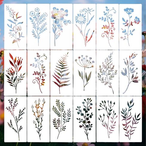 18pcs Flower Stencils for Painting, 6x3inch Floral Leaf Stencils for Crafts Reusable on Wood Wall Canvas, Card Making and Home Decor in Saudi Arabia