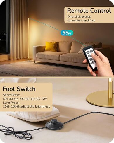 مصباح أرضي زاوية EDISHINE، مصباح قائم مقاس 59.8 بوصة مع 3 إعدادات ارتفاع، درجة حرارة لون قابلة للتعديل وتعتيم ستبليس، جهاز تحكم عن بعد، مفتاح قدم، مصابيح أرضية رفيعة لغرفة المعيشة، ذهبي in Kuwait