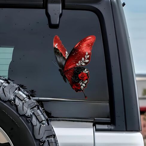 Waterproof Red and Black Butterfly with Roses Car Stickers, Vinyl car decals & bumper stickers for vehicles – Durable 5.5 Inch Decals for Car, Motorcycle, Laptop, Suitcase, Wall, Door, Bicycle, 2 Pack in Saudi Arabia