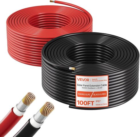 سلك لوحة شمسية VEVOR، 100 قدم أسود + طقم أحمر 100 قدم، كابل تمديد اللوحة الشمسية 10 AWG (6 مم²)، سلك نحاسي معلب PV، للأنظمة الكهروضوئية المنزلية خارج الشبكة للسيارات RV Boat Marine، IP67 in Kuwait