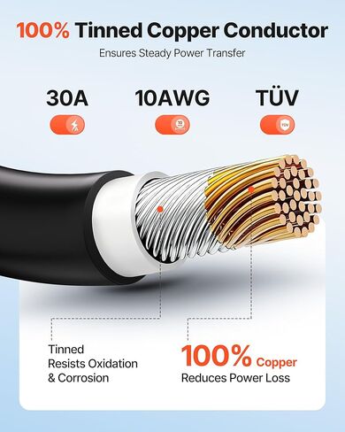 سلك لوحة شمسية VEVOR، 100 قدم أسود + طقم أحمر 100 قدم، كابل تمديد اللوحة الشمسية 10 AWG (6 مم²)، سلك نحاسي معلب PV، للأنظمة الكهروضوئية المنزلية خارج الشبكة للسيارات RV Boat Marine، IP67 in Kuwait