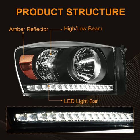 LED Headlight Assembly, Compatible with 2006 2007 2008 Dodge Ram 1500/2006-2009 Ram 2500 3500(Fits Models with Halogen Headlamps Only) Headlights Kit, Black Housing Amber Reflector in Saudi Arabia