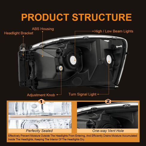 LED Headlight Assembly, Compatible with 2006 2007 2008 Dodge Ram 1500/2006-2009 Ram 2500 3500(Fits Models with Halogen Headlamps Only) Headlights Kit, Black Housing Amber Reflector in Saudi Arabia