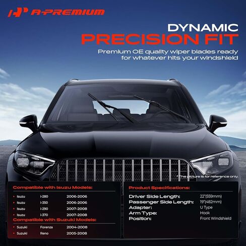شفرات ممسحة الزجاج الأمامي A-Premium 22 بوصة + 19 بوصة متوافقة مع سوزوكي فورنزا ورينو وإيسوزو i-280 وi-350 وi-290 وi-370 - تناسب ذراع ممسحة J-Hook، مع مؤشر التآكل والمنشفة، اليسار واليمين (عبوة من 2) in Kuwait