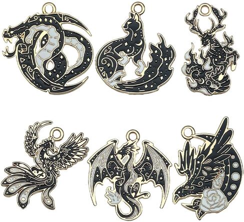 30Pcs Gothic Enamel Dragon Phoenix Charms, Black Gold Eagle Fox Deer Charm Pendants, Metal Alloy Animal Dinosaur Moon Pendant, for DIY Bracelets Necklaces Earrings Keychains Crafts Supplies in Saudi Arabia