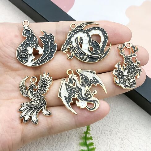 30Pcs Gothic Enamel Dragon Phoenix Charms, Black Gold Eagle Fox Deer Charm Pendants, Metal Alloy Animal Dinosaur Moon Pendant, for DIY Bracelets Necklaces Earrings Keychains Crafts Supplies in Saudi Arabia