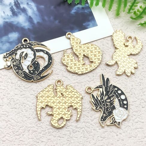 30Pcs Gothic Enamel Dragon Phoenix Charms, Black Gold Eagle Fox Deer Charm Pendants, Metal Alloy Animal Dinosaur Moon Pendant, for DIY Bracelets Necklaces Earrings Keychains Crafts Supplies in Saudi Arabia