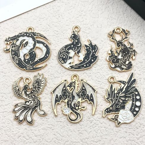 30Pcs Gothic Enamel Dragon Phoenix Charms, Black Gold Eagle Fox Deer Charm Pendants, Metal Alloy Animal Dinosaur Moon Pendant, for DIY Bracelets Necklaces Earrings Keychains Crafts Supplies in Saudi Arabia