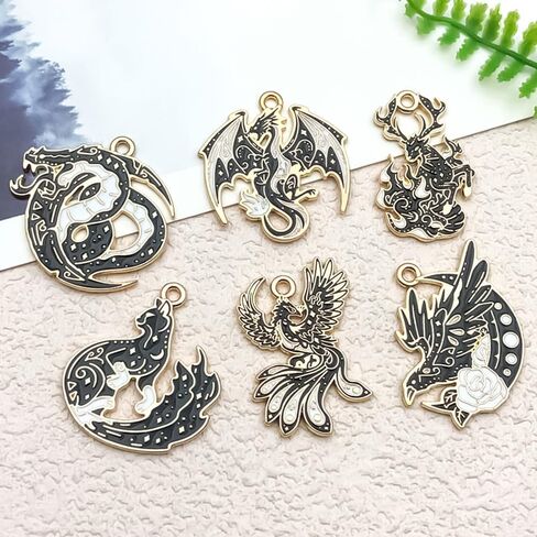 30Pcs Gothic Enamel Dragon Phoenix Charms, Black Gold Eagle Fox Deer Charm Pendants, Metal Alloy Animal Dinosaur Moon Pendant, for DIY Bracelets Necklaces Earrings Keychains Crafts Supplies in Saudi Arabia