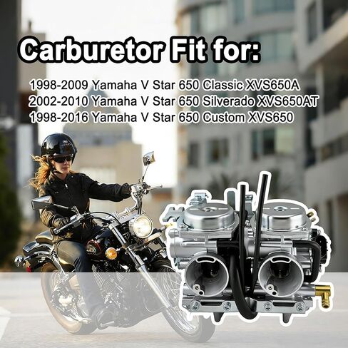مكربن ​​XVS650 مع صمام بيتكوك الوقود ومشعب السحب متوافق مع دراجة نارية Yamaha V Star 650 XVS650 1998-2016، استبدل OEM 4HD-14501-02-00 5VN-14501-00 in Kuwait