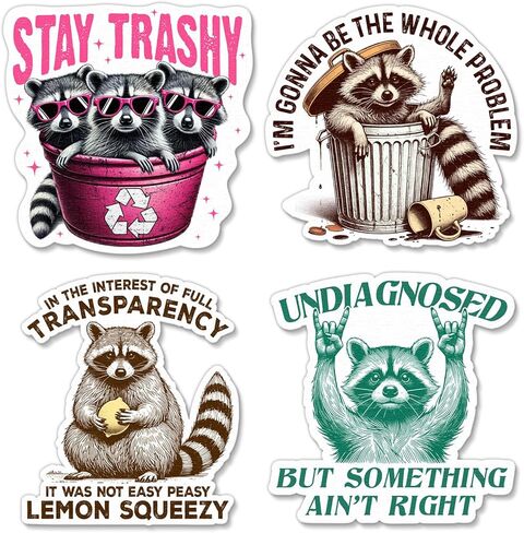 (4 Pcs) Funny Raccoon Sticker – Raccoon Gift, Stay Trashy, Sarcastic Humor Sticker for Laptop, Water Bottle, Phone, Journaling, Hard Hat, Car Bumper in Saudi Arabia