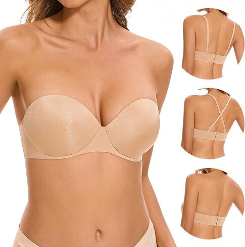 Women's Strapless Bra Push Up-Non Slip Invisible Padded Balconette Underwire Low Back Multiway Bandeau Bra for Comfort Lift in Saudi Arabia