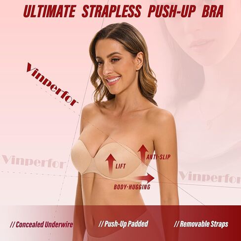 Women's Strapless Bra Push Up-Non Slip Invisible Padded Balconette Underwire Low Back Multiway Bandeau Bra for Comfort Lift in Saudi Arabia