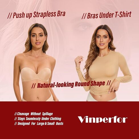 Women's Strapless Bra Push Up-Non Slip Invisible Padded Balconette Underwire Low Back Multiway Bandeau Bra for Comfort Lift in Saudi Arabia