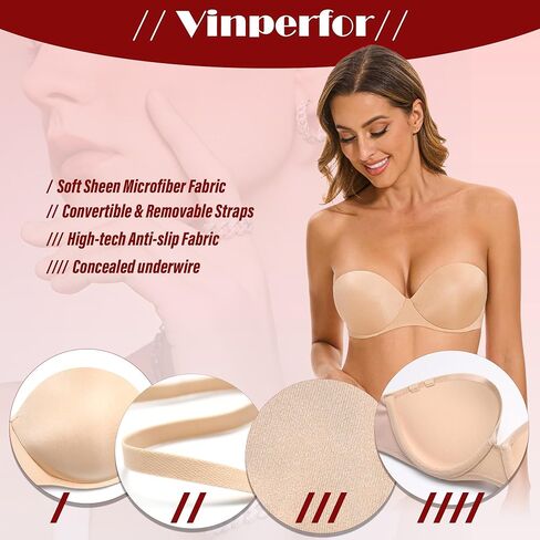 Women's Strapless Bra Push Up-Non Slip Invisible Padded Balconette Underwire Low Back Multiway Bandeau Bra for Comfort Lift in Saudi Arabia