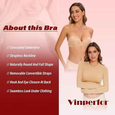 Women's Strapless Bra Push Up-Non Slip Invisible Padded Balconette Underwire Low Back Multiway Bandeau Bra for Comfort Lift in Saudi Arabia