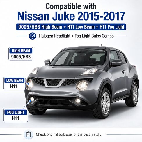 متوافق مع مصابيح الهالوجين الأمامية Nissan Juke 2015-2017 + مجموعة مصابيح الضباب، 9005/HB3 شعاع عالٍ H11 شعاع منخفض H11 فوجلايت، لون أبيض شفاف ناعم، التوصيل والتشغيل، حزمة من 6 قطع in Kuwait
