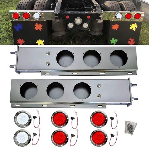 Universal 30" Stainless Steel Spring-Loaded Mud Flap Hanger Light with 24 LED Light for Semi Trucks, 2-1/2" Bolt Spacing Rear Tail Light Bar Box with 4" Light Cutouts (4x Red + 2x White) in Saudi Arabia