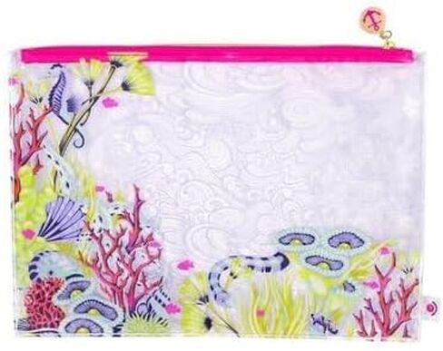 حقيبة مشروع متوسطة الحجم من Tula Pink Floral Reef، شفافة بسحاب وردي، طباعة مستوحاة من تحت سطح البحر، لنسيج اللحف والغزل وأطقم الخياطة مقاس 14 بوصة × 10 بوصة مع مجمعة in Kuwait