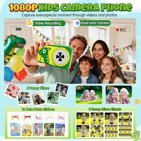 Kids Phone, Dinosaur Kids Smart Phone Toys for 3, 4, 5, 6, 7, 8 +Year Old Boys Gifts, 2.8" Touchscreen Child Learning Play Cell Phone with Dual Camera, Games & Music, Christmas Birthday Gifts (Green) in Saudi Arabia