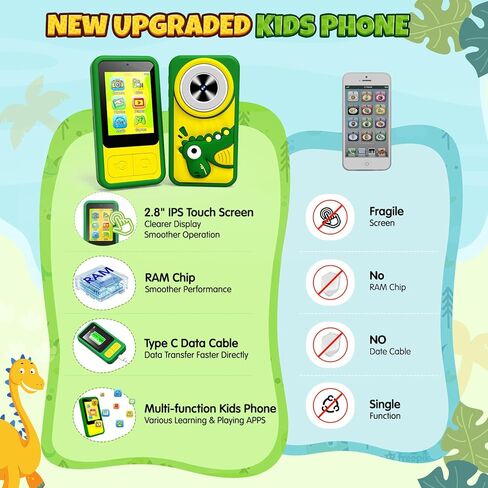 Kids Phone, Dinosaur Kids Smart Phone Toys for 3, 4, 5, 6, 7, 8 +Year Old Boys Gifts, 2.8" Touchscreen Child Learning Play Cell Phone with Dual Camera, Games & Music, Christmas Birthday Gifts (Green) in Saudi Arabia
