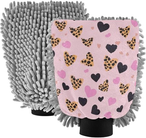 ALAZA Heart Cheetah Leopard Print Car Wash Mitt Scratch Free, 2 Pack Absorbent Microfiber/Chenille Washing & Drying Mitts, L in Saudi Arabia