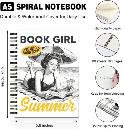 Book Girl Summer Horizontal Lined Spiral Notebook, Retro Girl Reading Design Journal for Book Summer Lover Reader Bibliophile Librarian, Bookworm Gifts for Daughter Niece BFF Sister Friend in Saudi Arabia