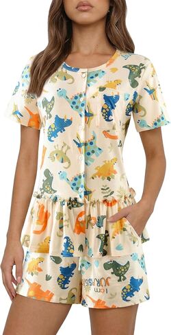 LovinPet Women's Dinosaur Pajama Set, Pajamas for Women, Button-Front Short Sleeve Ruffle Hem Top and Drawstring Shorts in Saudi Arabia