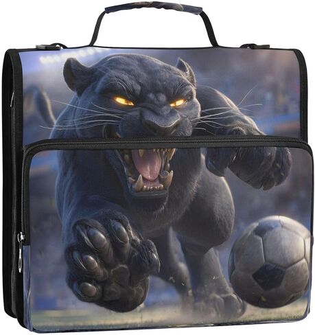 ALAZA Black Leopard Playing Football Soccer Zipper Binder 3 Ring Binder Organizer with Zipper and Shoulder Strap Large Capacity Multi-Pocket for Office Supplies Work in Saudi Arabia