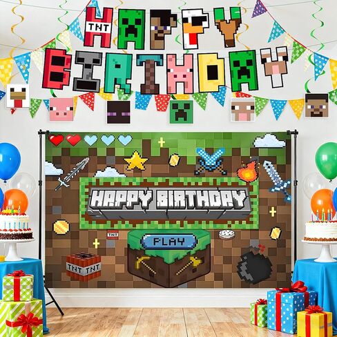 Pixel Game-Happy Birthday Banner- Includes Birthday Banner & Backdrop & Spiral Hanging supplies, Pixel party supplies Kit, Ideal for Game Theme Birthday Party Decorations. in Saudi Arabia
